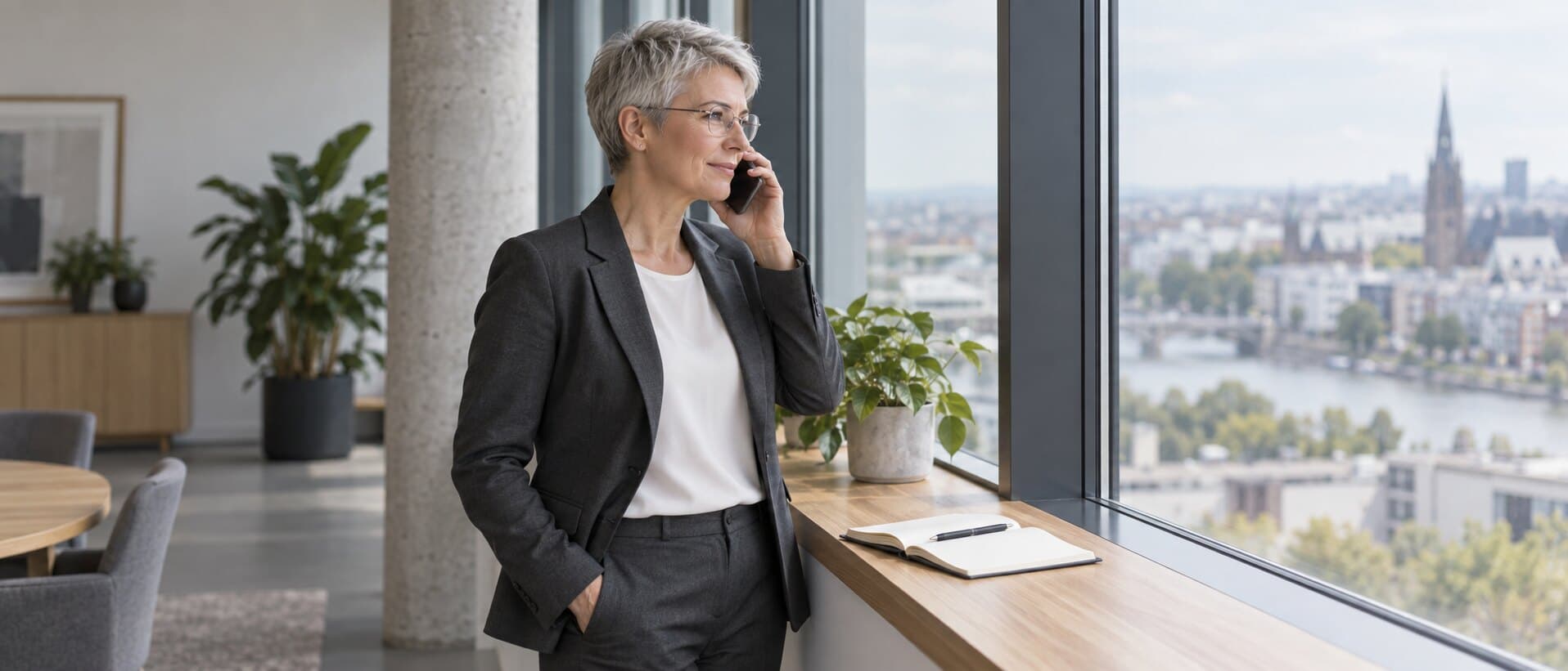 A woman on a phone call by a large office window, a notebook on the sill