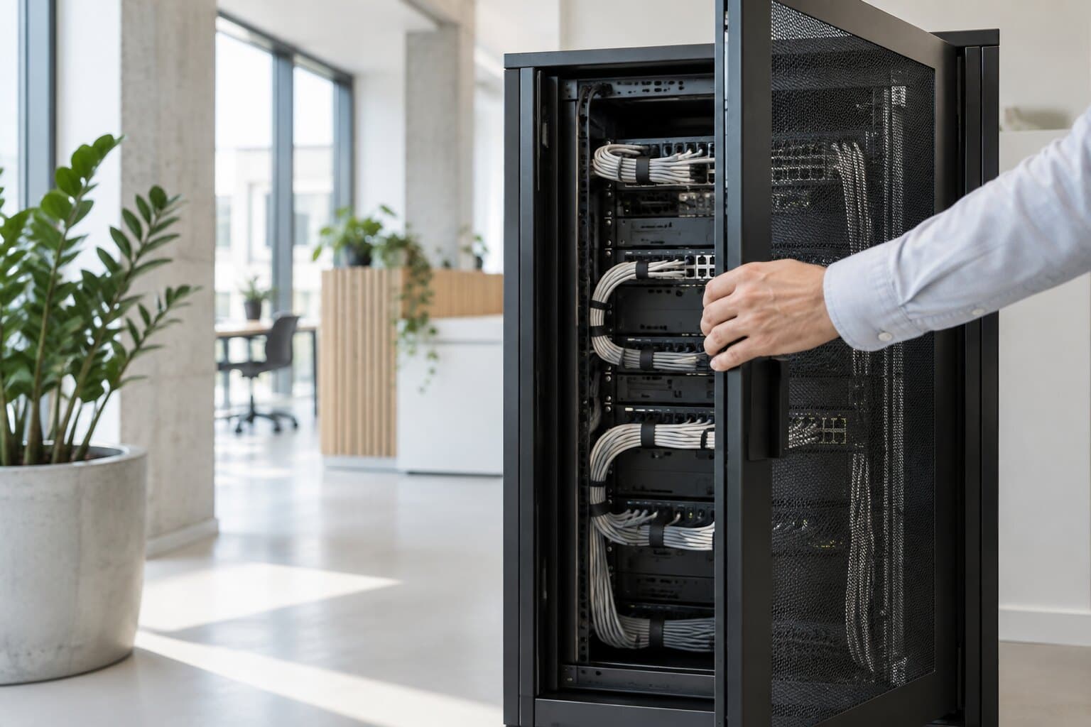 A hand opening a server rack cabinet in a bright office