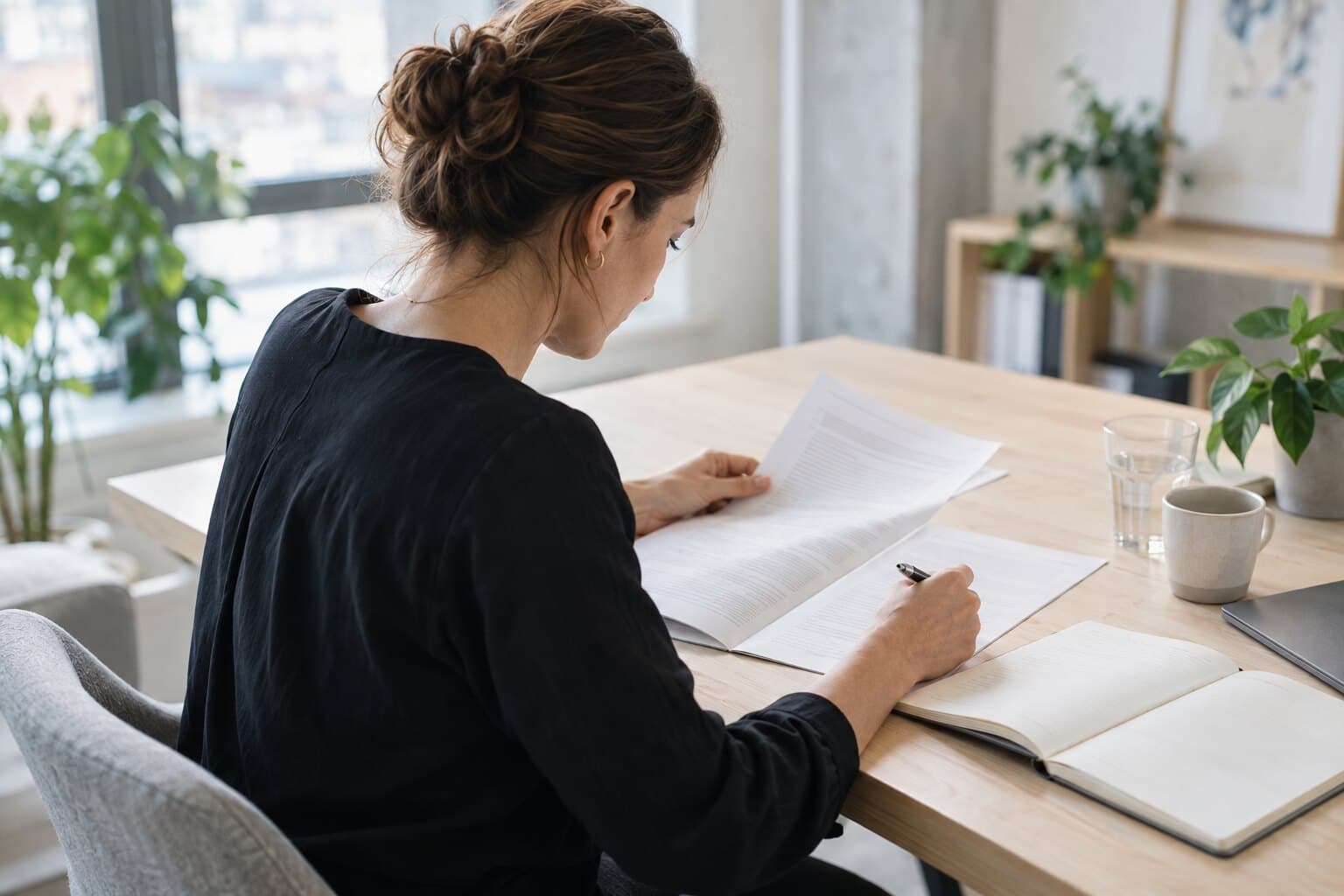 A person reading at a desk