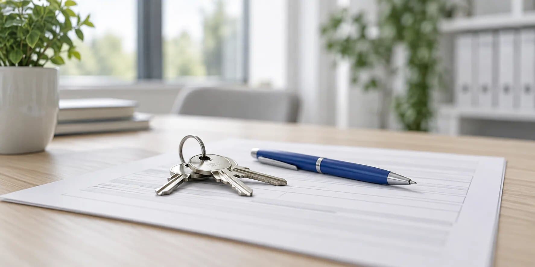 A set of keys and a pen resting on a paper form on a desk