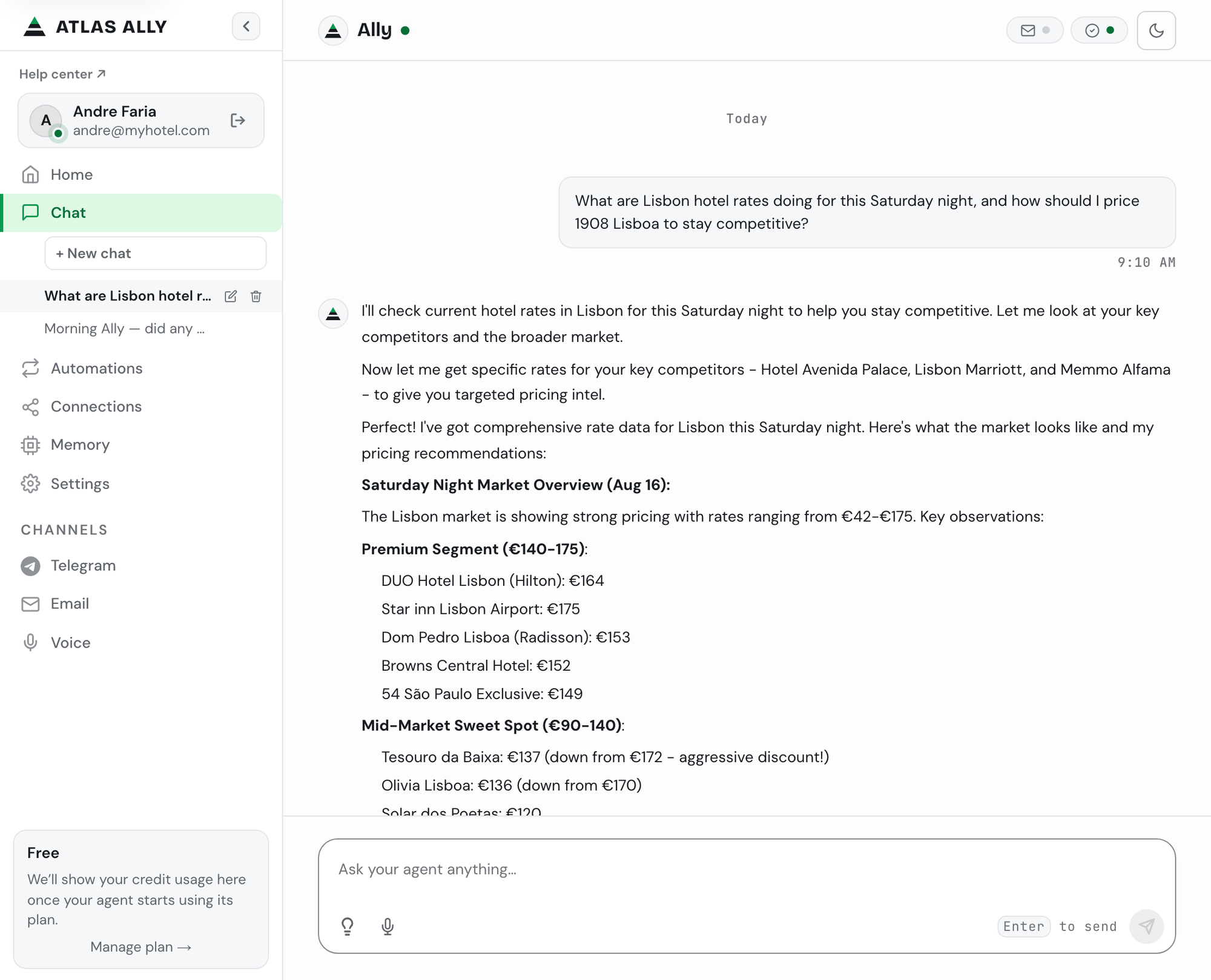 A chat with the Atlas Ally agent in the dashboard — the user asks how to price their hotel for the weekend, and the agent replies with live Lisbon competitor rates broken down by segment and a clear pricing recommendation.