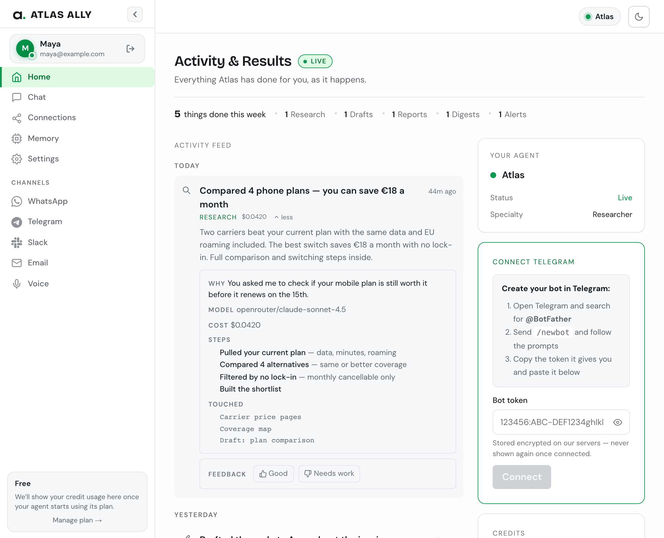 The Atlas Ally dashboard with a result expanded, showing exactly why the agent acted, the steps it took, and every file or resource it touched.