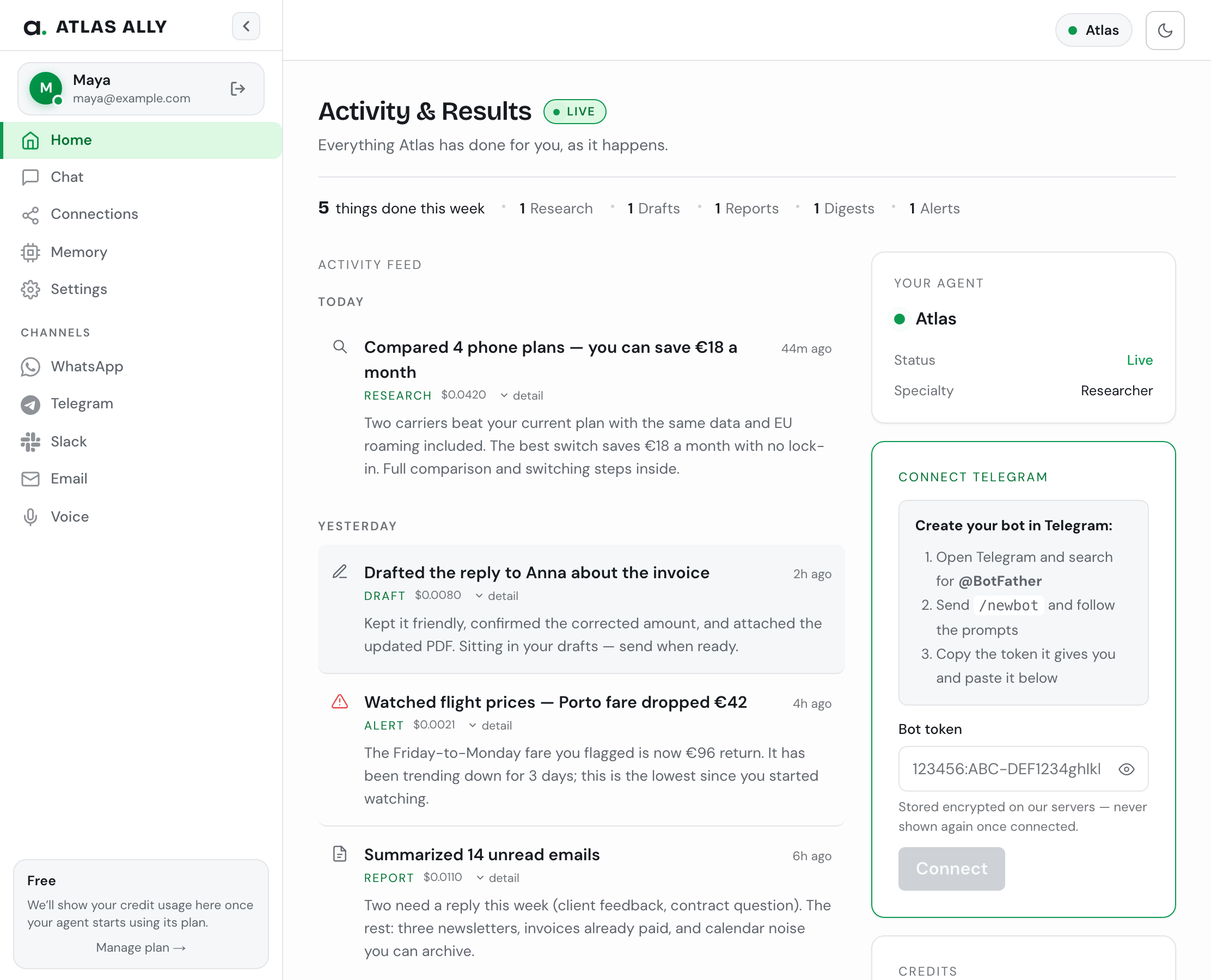 The Atlas Ally dashboard activity feed showing real results — a phone plan comparison, a drafted email reply, a flight price alert and an inbox summary.