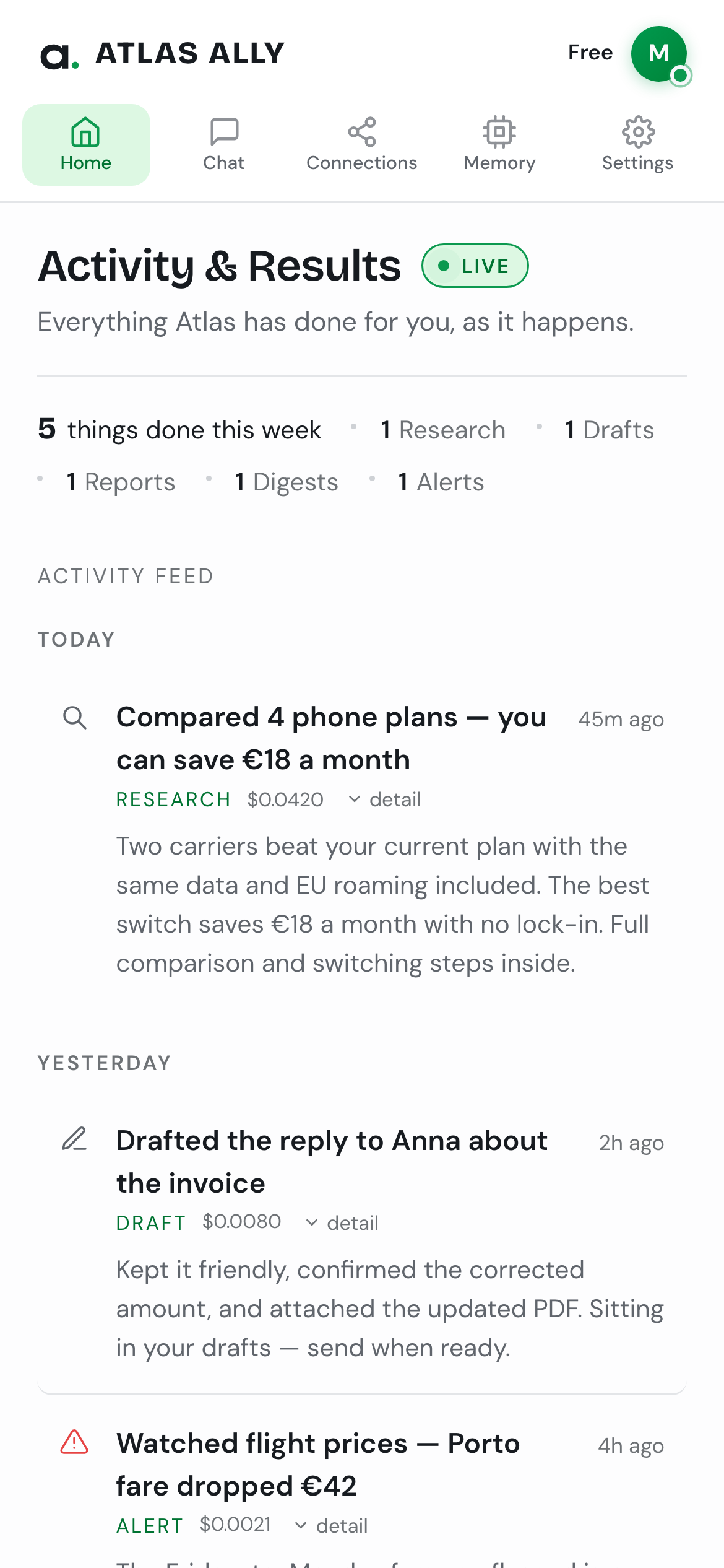 The Atlas Ally activity feed on a phone, showing results delivered directly to your mobile device.